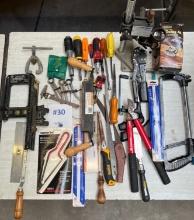 LOT OF SAWS, JIG, CLAMPS, ETC.