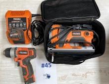 RIDGID DRILL, CHARGER AND JIGSAW IN CASE
