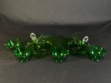 (2) Green depression swan dishes w/ 4 clear green tea cups