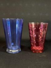 Cranberry "button" vase w/ blue ribbed vase -see photo's-