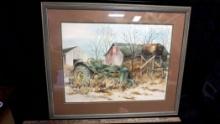 Framed Original Watercolor Green Tractor Picture