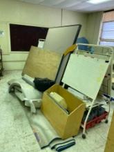Rolling cart, White boards, Skeleton figure, and Wood display,