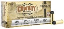 Fiocchi 45LCCA Cowboy Action Pistol 45 Colt LC 250 gr Lead Round Nose Flat Point LRNFP 50 Per Box