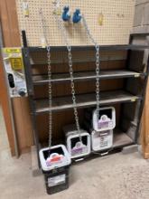 BUCKETS OF CHAINS, HOOKS, CHAIN CUTTER, AND SHELF