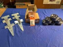ASSORTMENT OF DOOR HINGES AND 6 ROLELS OF DUCT TAPE