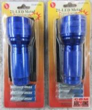 SE FL30721BL 21-LED Blue Metal Flashlight w/ Carrying Case & Batteries - Set of 2