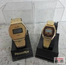 Couples RegenTcy...Quartz Gold Tone Digital Wrist Watch Set...
