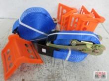 Unbranded FH10R32 Blue 2" x 32' Flat Hook Ratchet Strap - Set of 2 Neon Orange Corner Protectors -