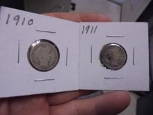 1910 & 1911 Silver Barber Dimes