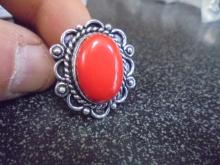 Ladies German Silver & Red Coral Ring