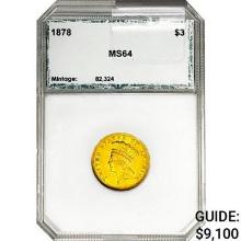 1878 $3 Gold Piece PCI MS64