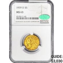 1909-D CAC $5 Gold Half Eagle NGC MS63