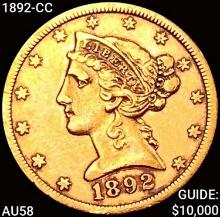 1892-CC $5 Gold Half Eagle CHOICE AU