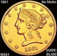 1861 No Motto $5 Gold Half Eagle UNCIRCULATED