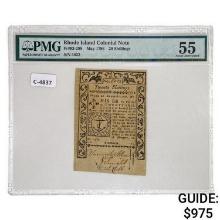 RI-298 MAY 1786 20s TWENTY SHILLINGS RHODE ISLAND COLONIAL NOTE PMG ABOUT UNCIRCULATED-55