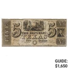 1839 $5 FIVE DOLLARS THE REPUBLIC OF TEXAS AUSTIN, TX OBSOLETE TREASURY NOTE