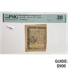 PA-209 APRIL 10, 1777 3d THREE PENCE PENNSYLVANIA COLONIAL CURRENCY NOTE PMG VERY FINE-30