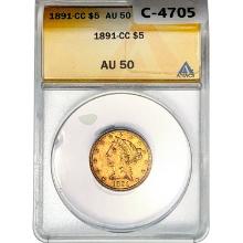 1891-CC $5 Gold Half Eagle ANACS AU50