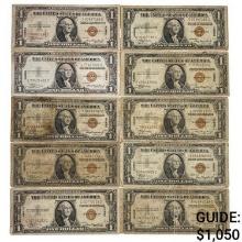 LOT OF (10) 1935-A $1 ONE DOLLAR HAWAII SILVER CERTIFICATES VERY GOOD - VERY FINE