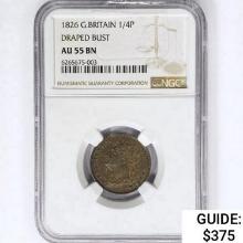 1826 G. Britain 1/4 Penny NGC AU55 BN