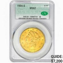 1904-S $20 Gold Double Eagle CAC MS62
