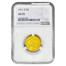 1911-D $5 Gold Half Eagle NGC AU55