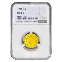 1911 $5 Gold Half Eagle NGC MS63