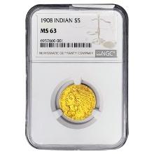1908 $5 Gold Half Eagle NGC MS63