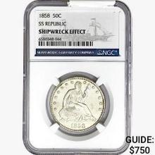 1858 Seated Lib. 50C NGC Shipwreck Effect SS REP.