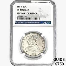 1858 Seated Lib. 50C NGC Shipwreck Effect SS REP.