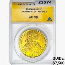 1815-NR .76oz. Gold 8 Escudos Colombia JF KM-66.1 ANACS AU58