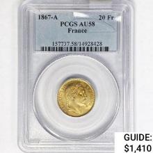 1867-A France .1867oz Gold 20 Francs PCGS AU58