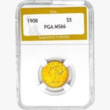 1908 $5 Gold Half Eagle PGA MS66