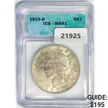 1923-D Silver Peace Dollar ICG MS61