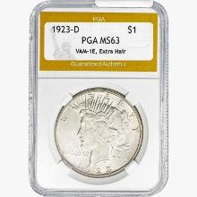1923-D Silver Peace Dollar PGA MS63 VAM-1E, Extra Hair