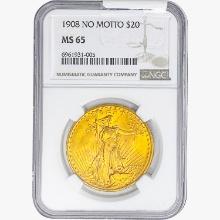 1908 $20 Gold Double Eagle NGC MS65 No Motto