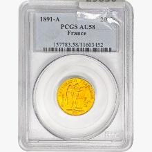 1891-A 0.187oz G20 Franc PCGS AU58