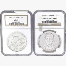 [2] 1983-S & 2009-P S$1 Olympics/Braille NGC MS/PF69