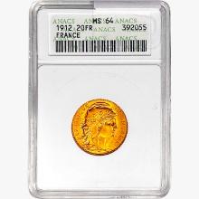 1912 0.187oz France 20 Franc ANACS MS64