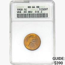 1909 Wheat Cent ANACS MS64 RB Dbl Die OBV