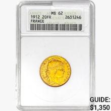 1912 0.187oz France 20 Franc ANACS MS62