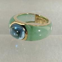 Modernist 14K Yellow Gold Jadeite & Cabochon Blue Sapphire Ring
