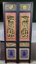 Pair Of Vintage Solid Wood Hand Made And Carved Chinese Polychrome Panels