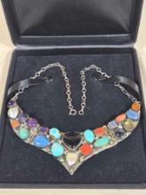 Beautiful Signed Ray Bennet Multi-Stone Sterling Necklace