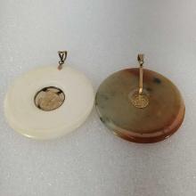 Two Hand carved Pie-Stones / Discs With 14K Yellow Gold Mounts
