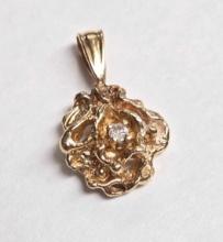 14k Gold Rose with Diamond Center Pendant