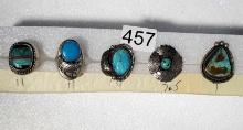 Lot Of 5 Sterling Silver & Turquoise Native American Rings