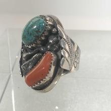 Sterling Silver Turquoise & Red Coral Ring