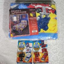 2 1984 Go Bots Action Figures in Original Packs and Transformers 1984 JC Penny Blanket