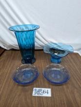 Blue Glass Lot, Vase, Crystal Bowls, etc